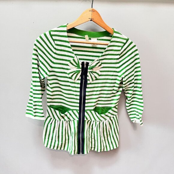 Anthropologie Moth Four Petals Bow Green & White‎ Striped Zip-Up Cardigan S - Picture 1 of 5